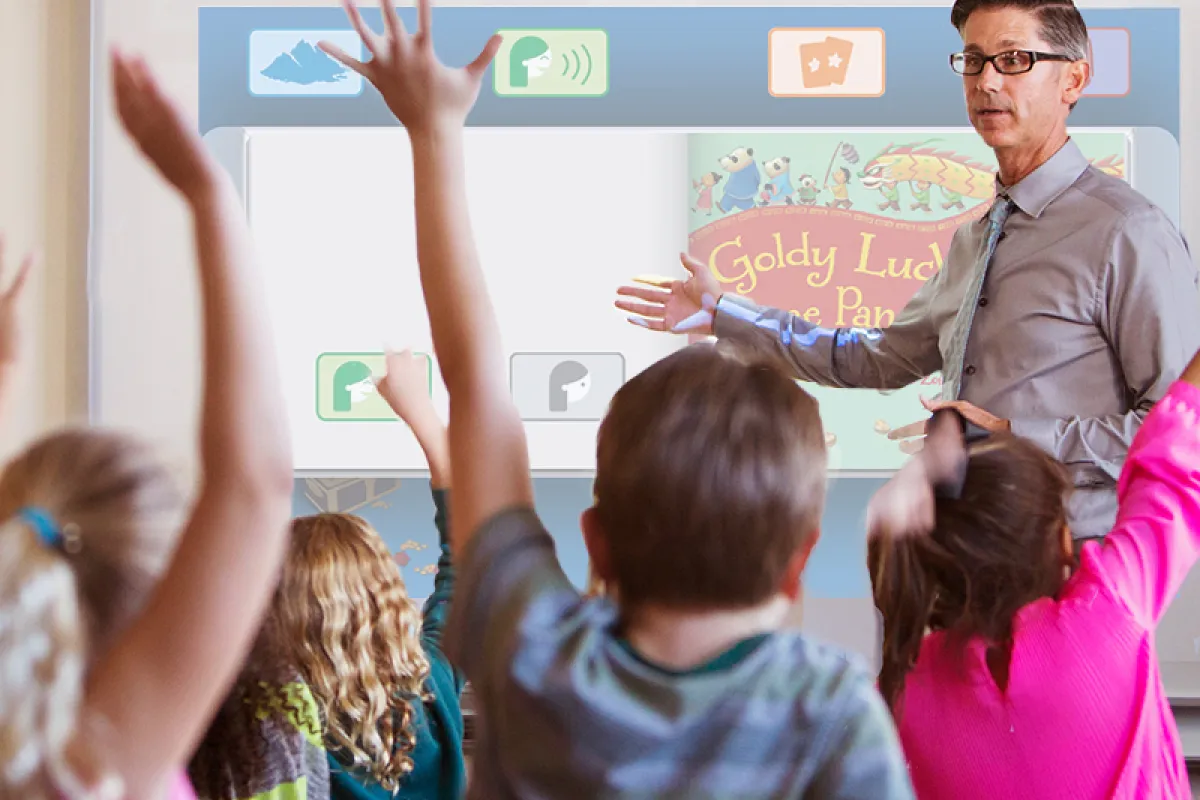 Image of teacher using Skybrary on a smart board