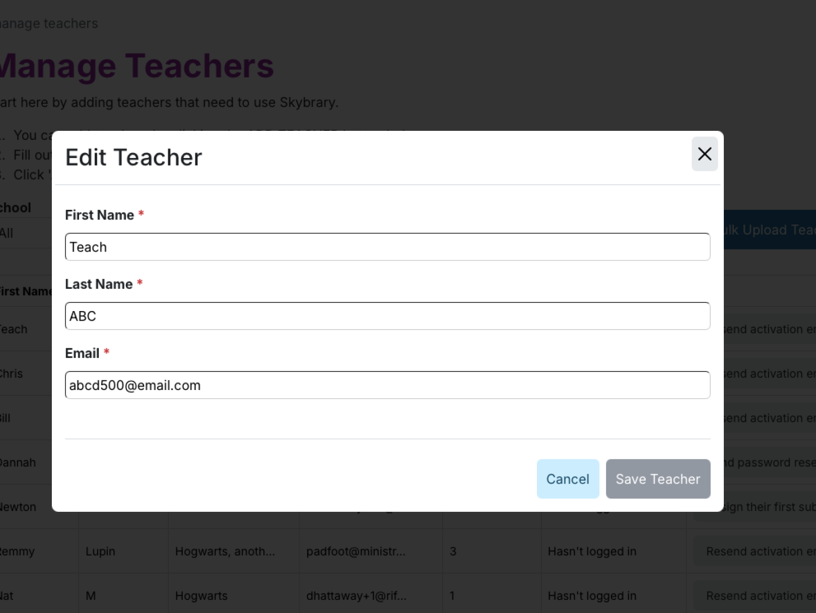Screenshot of the Edit Teacher setting