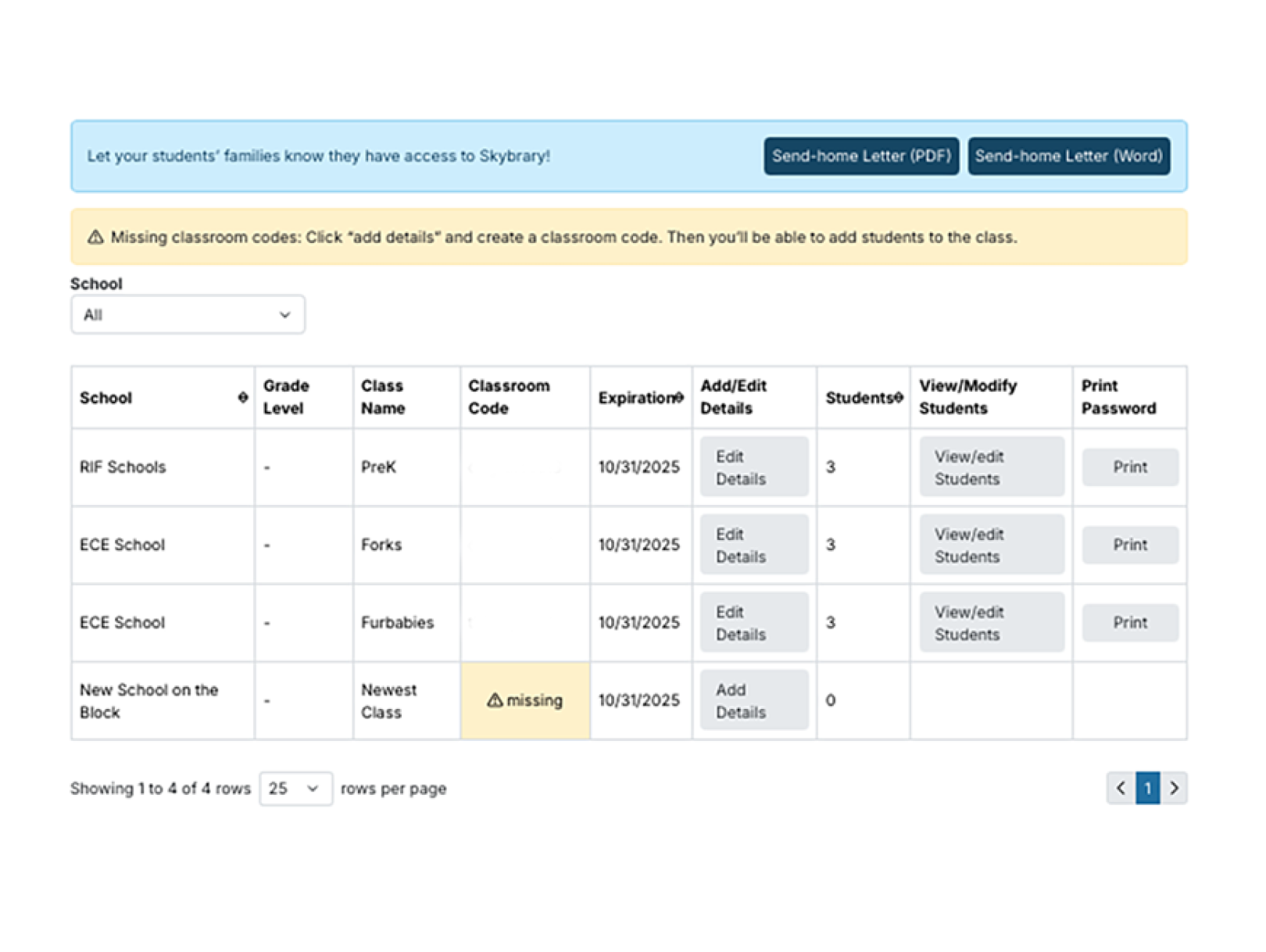 Screenshot sample of the Manage Classrooms tab