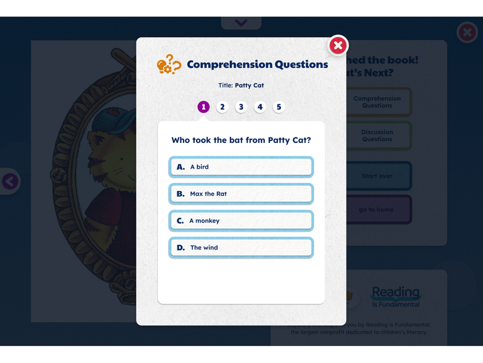 Screenshot of comprehension questions modal on Skybrary