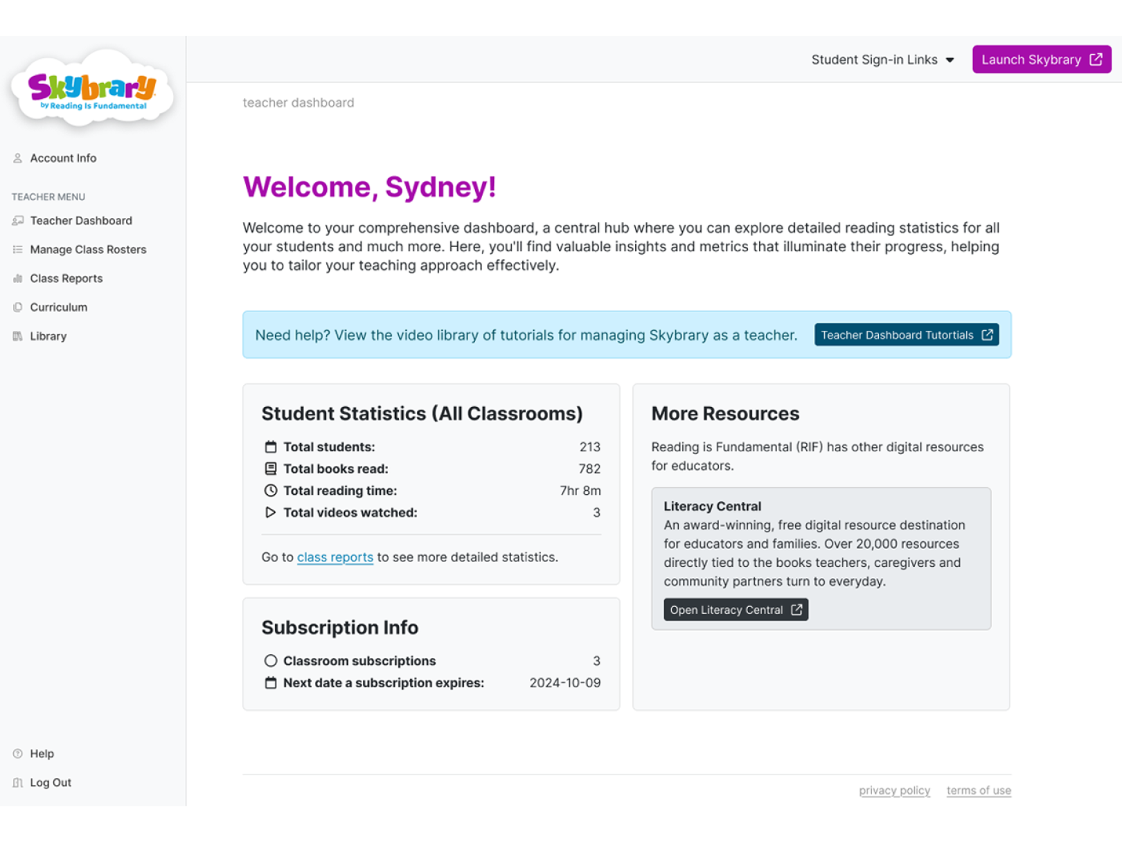 Screenshot of a teacher dashboard